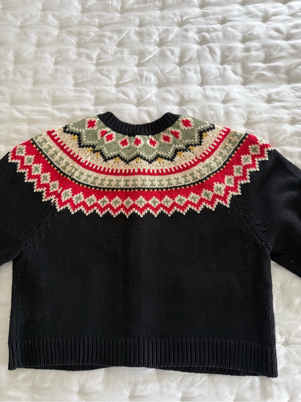 THE GREAT. Black Fair Isle Button Cardigan with Red and Cream Accents - Picture 4 of 5